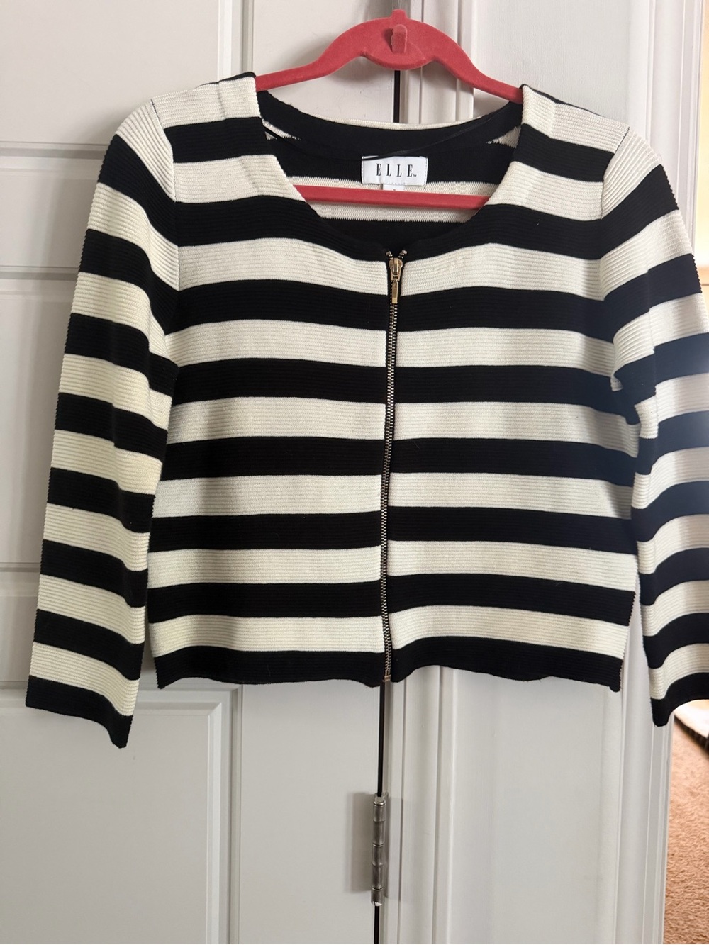 ELLE Black & White Striped Zip-Front Cropped Blazer